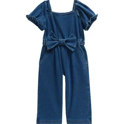 Habitual Babies'  Kids Bow Detail Puff Sleeve Stretch Knit Indigo Jumpsuit