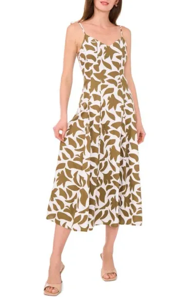 Halogen Floral Godet Pleat Linen Blend Midi Dress In Olive Drab