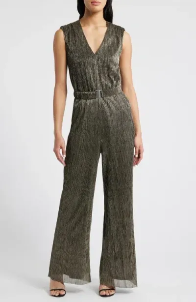 Halogenr Halogen(r) Metallic V-neck Jumpsuit In Gold Shimmer