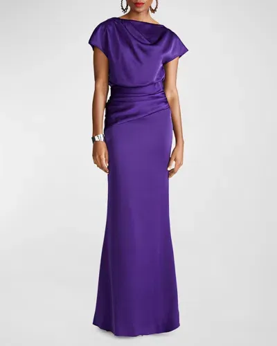 Halston Draped Satin Trumpet Gown In Purple Night