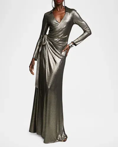 Halston Jira Metallic Jersey Wrap Gown In Light Gold