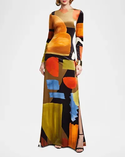 Halston Klara Geometric-print Velvet Gown In Abstract Shapes