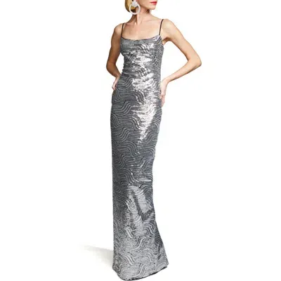 Halston Reine Deco Sequin Gown In Silver