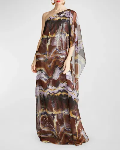 Halston Ushi One-shoulder Sequin Chiffon Gown In Earth Strata