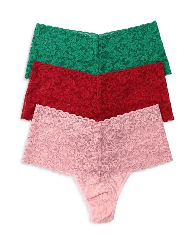 Hanky Panky 3-pack Holiday Retro Lace Thongs In Queen/french/meadow