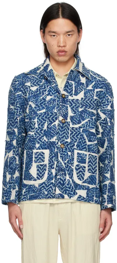 Harago Off-white & Navy Kantha Jacket In Indigo