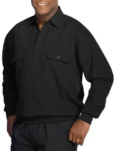 Harbor Bay By Dxl Long-sleeve Mesh Panel Banded-hem Shirt In Black