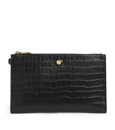 Harrods Medium Croc-embossed Leather Pouch In Black