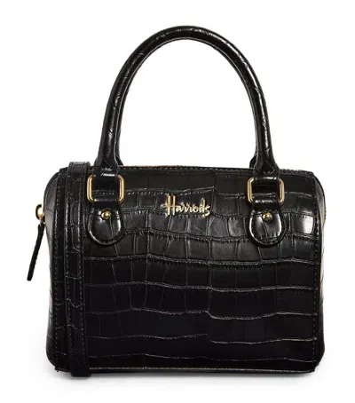 Harrods Mini Croc-embossed Barrel Bag In Black