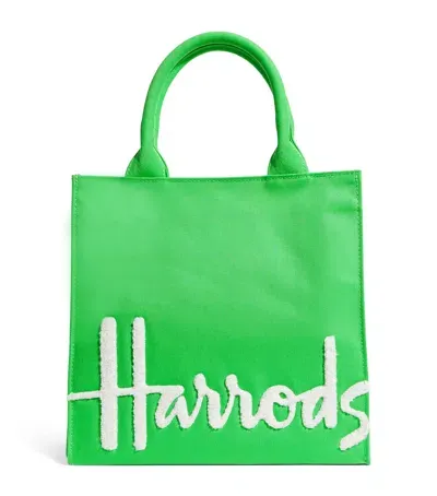 Harrods Small Cotton Logo Tote Bag In Green