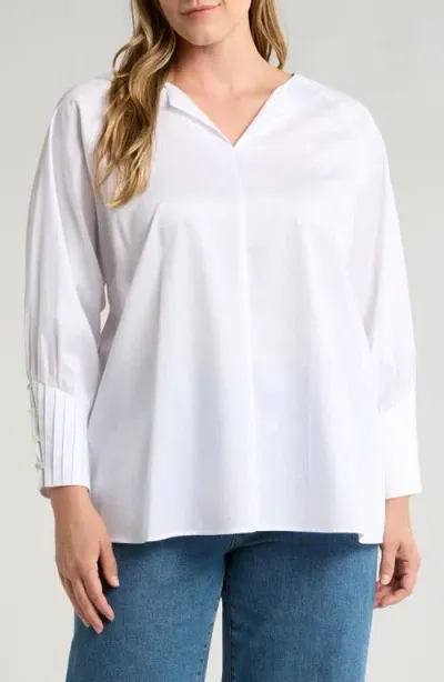 Harshman Cerys Split Neck Pleated Cuff Cotton Top In White