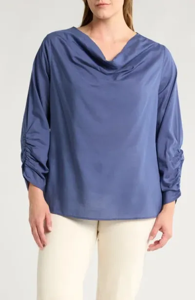 Harshman Dania Ruched Draped Neck Top In Rhythm Blue