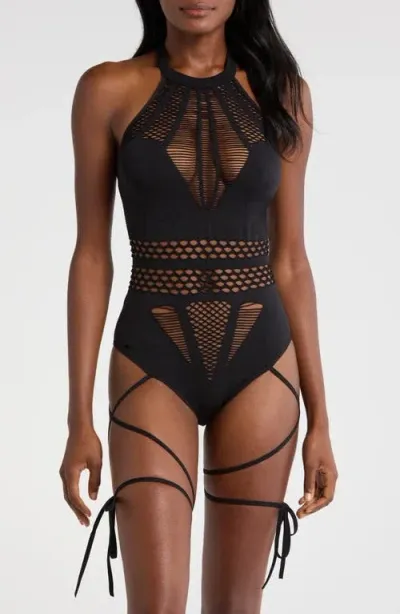 Hauty Set Me Free Sleeveless Lace-up Fishnet Teddy In Black