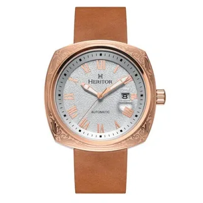 Heritor Automatic Davenport Engraved-case Leather-band Watch W/ Date In Rose Gold/light Brown