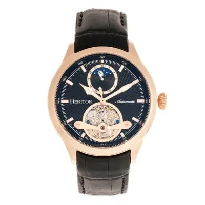 Heritor Automatic Gregory Semi-skeleton Leather-band Watch In Rose Gold/black