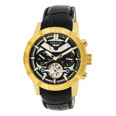 Heritor Automatic Hannibal Semi-skeleton Leather-band Watch In Gold/black