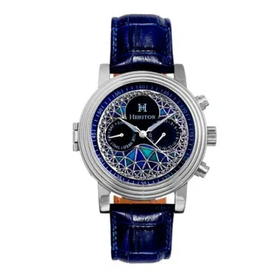 Heritor Automatic Legacy Leather-band Watch W/day/date In Silver/blue