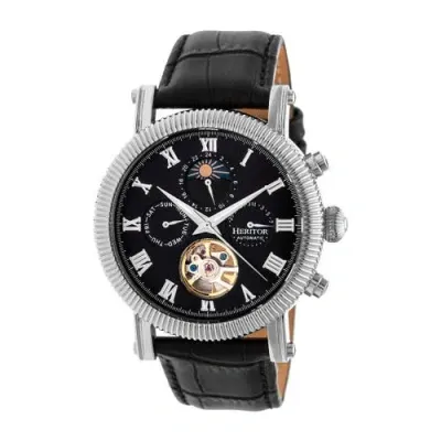 Heritor Automatic Winston Semi-skeleton Leather-band Watch In Silver/black