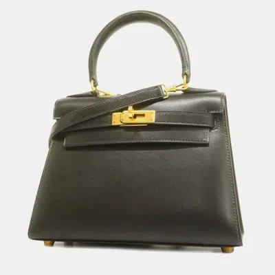 Pre-owned Hermes Black Box Calf Kelly Engraved Handba