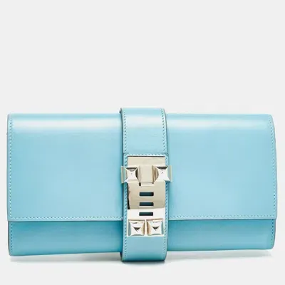 Pre-owned Hermes Celeste Tadelakt Leather Medor Clutch In Blue