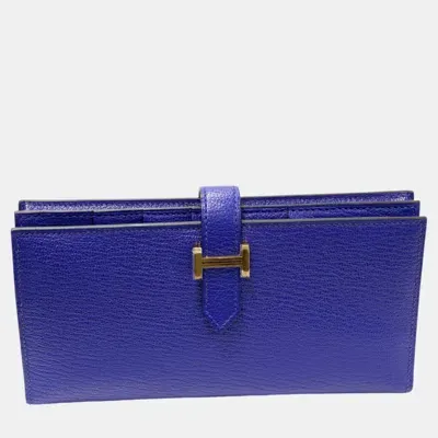 Pre-owned Hermes Chevre Bearn Souffle Long Wallet Blue Leather