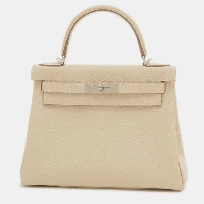 Pre-owned Hermes Cre Togo Kelly 28 Handbag In Beige