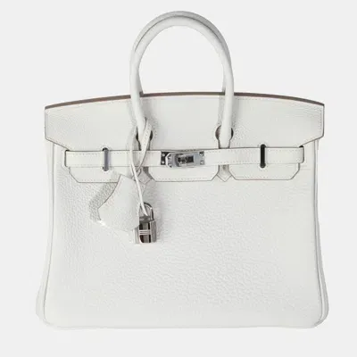 Pre-owned Hermes Gris Pale Togo Birkin 25 Phw Handbag In White