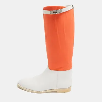 Pre-owned Hermes Neon Orange/white Neoprene And Leather Jumping Boots Size 39