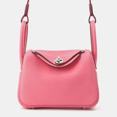 Pre-owned Hermes Rose Azalee Taurillon Clemence Lindy Mini Shoulder Bag In Pink