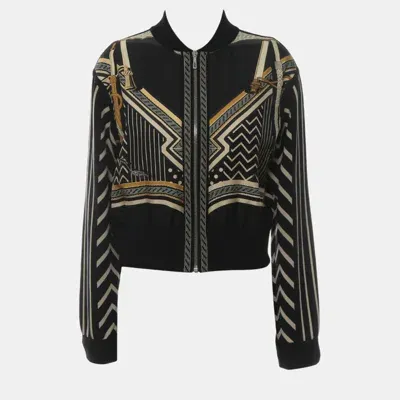 Pre-owned Hermes Virgin Wool Silk Printed Bomber Jacket In Black