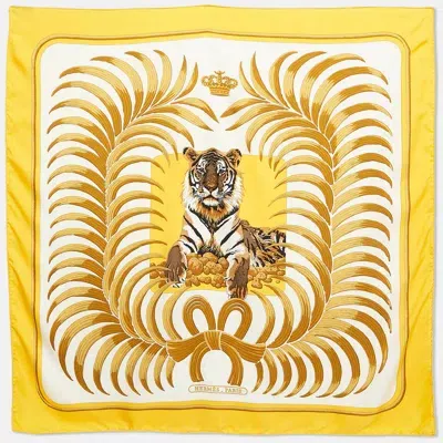 Pre-owned Hermes Hermès White/gold Tiger Royal Print Silk Square Scarf In Yellow