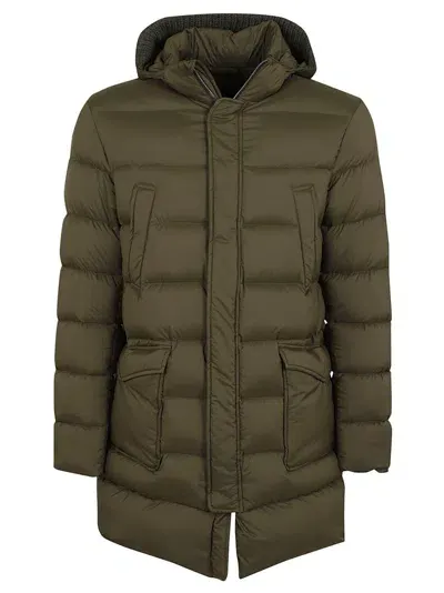 Herno Padded Hooded Long Quilted Ribbed Jacket In Green