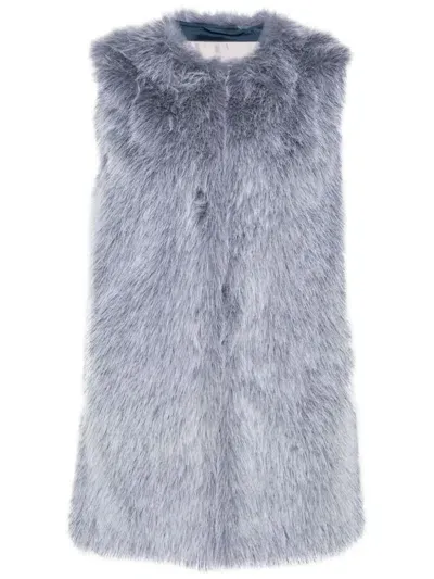 Herno Collarless Faux-fur Gilet In Denim