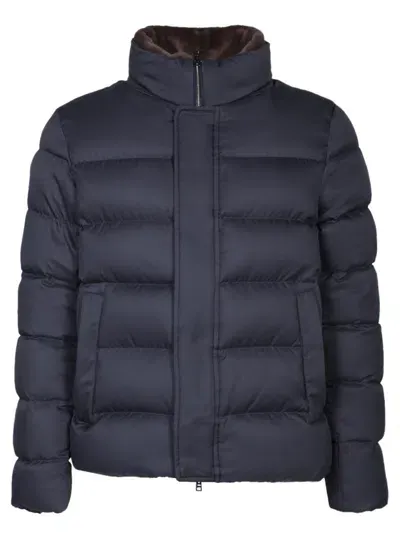 Herno Short Down Jacket With Detachable Fur Insert In Blue