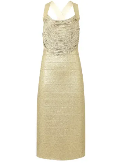 Herve Leger Disco Knit Fringe Dress In Gold