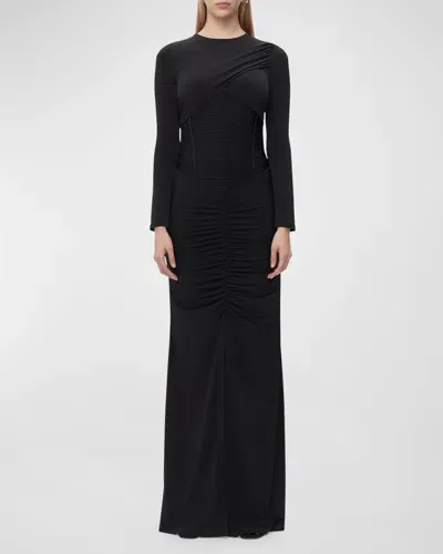 Herve Leger Asymmetric Long-sleeve Ruched Jersey Gown In Black