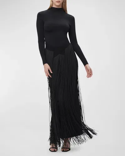 Herve Leger Sloane Long-sleeve Fringe Gown In Black