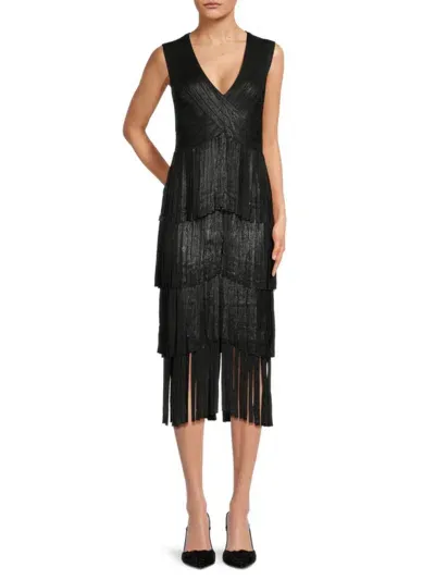 Herve Leger Foiled Bandage Fringe Midi Dress In Black Foil