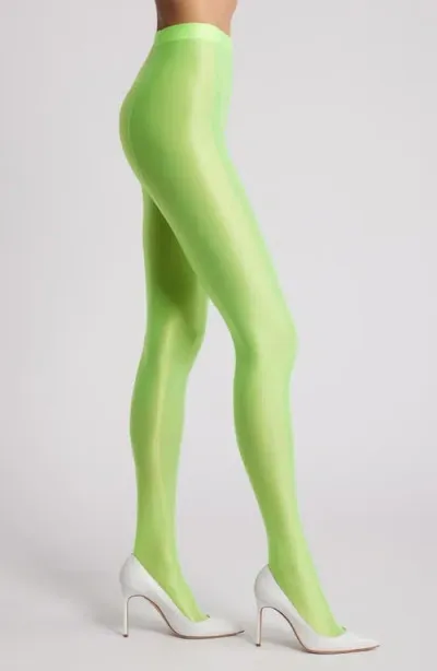 High Heel Jungle Mercury Shiny Opaque High Waist Tights In Lime