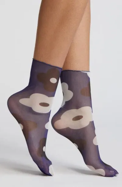 High Heel Jungle Retro Floral Mesh Socks In Indigo