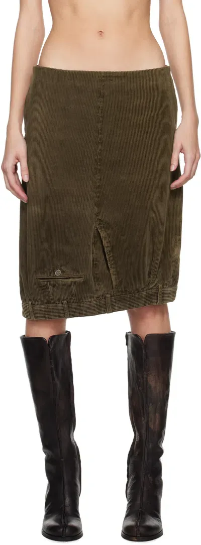 Hodakova Khaki Upside Down Corduroy Midi Skirt In Green/brown