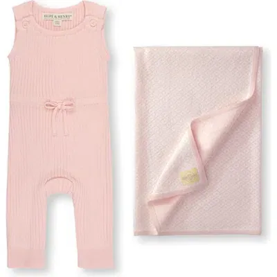 Hope & Henry Kids'  Baby Cinched Waist Romper & Jacquard Blanket Gift Set In Light Pink