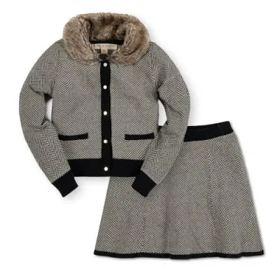 Hope & Henry Baby Girls' Faux Fur Cardigan And Skirt Sweater Set, Infant In Charcoal And Ivory Herringbone