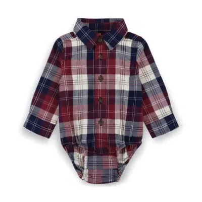 Hope & Henry Kids'  Baby Organic Long Sleeve Button Down Bodysuit, Infant In Berry Tartan