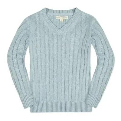 Hope & Henry Boys' Organic Fine Gauge Cable V-neck Sweater, Kids In Dusty Blue Heather Cable