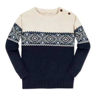 Hope & Henry Boys' Organic Intarsia Crew Neck Button Sweater, Kids In Ski Lodge Intarsia