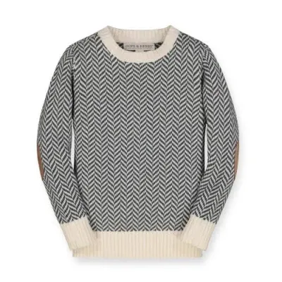 Hope & Henry Boys' Organic Intarsia Crew Neck Sweater, Kids In Charcoal And Ivory Herringbone