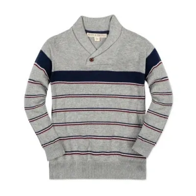 Hope & Henry Boys' Organic Shawl Collar Sweater, Kids In Gray Heather Academy Stripe