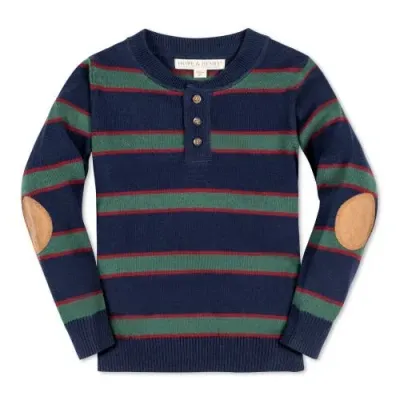 Hope & Henry Boys' Organic Sweater Henley With Elbow Patches, Kids In Navy Collegiate Green Stripe