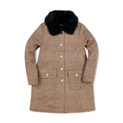 Hope & Henry Girls' Faux Fur Collar Fleece Coat, Kids In Camel Glen Plaid